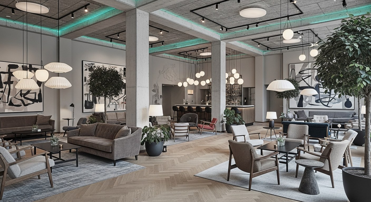 Modern Hotel Lobby with Fitness Area